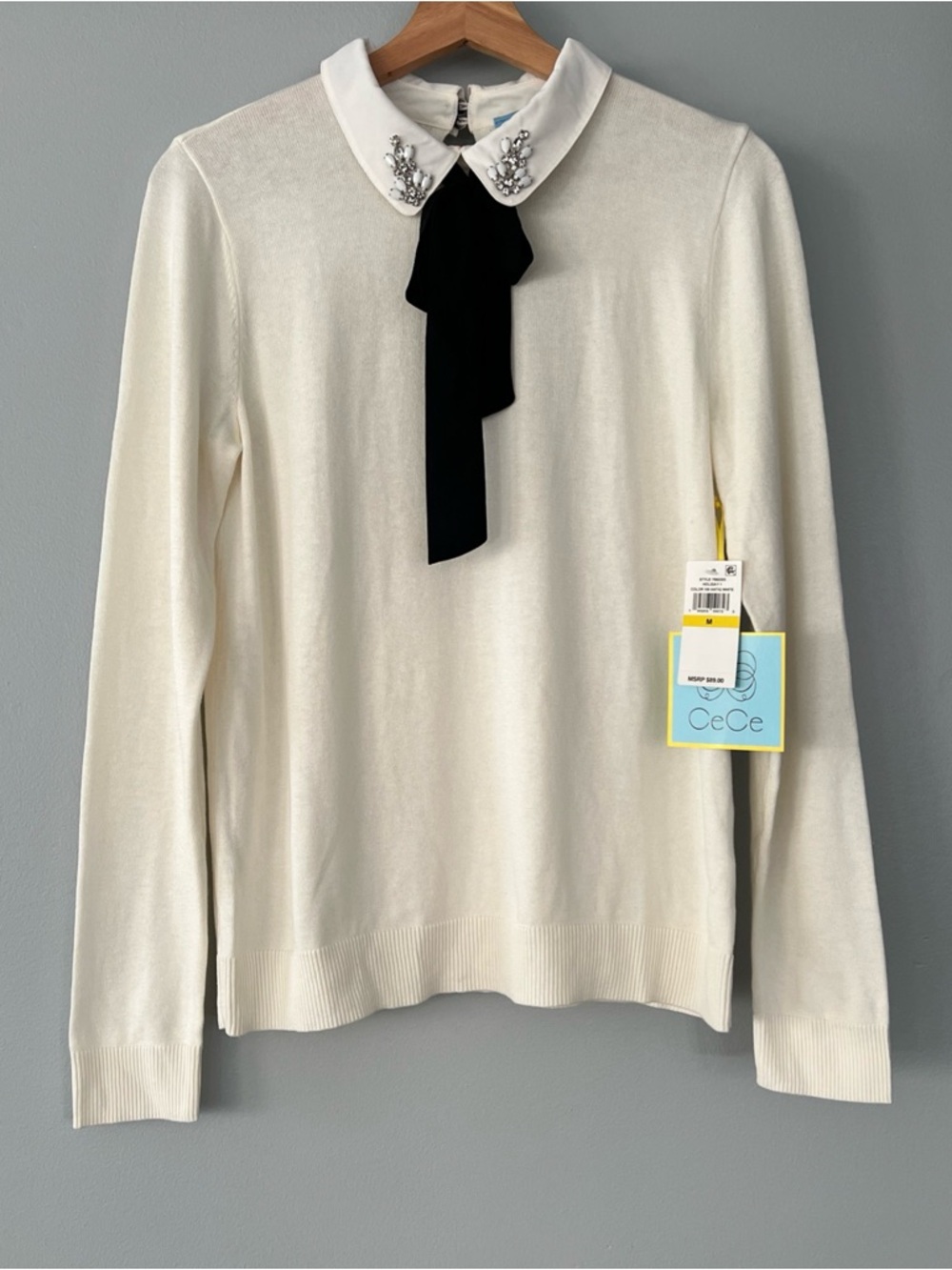 NWT CeCe Ivory White Sweater with Jeweled Rhinestone Collar and Black Bow Tie